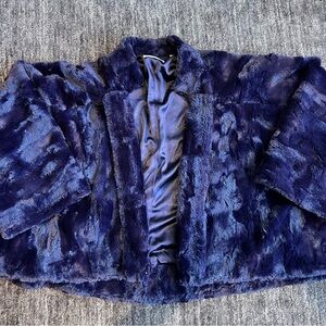Tahari Navy Blue Faux Fur Open Front Jacket Satin Lined